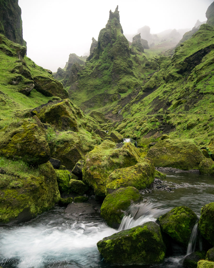 Icelandic mountains and stream at Thakgil campground in vin, Iceland