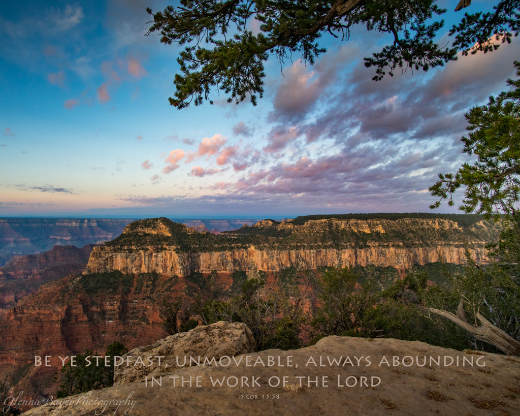 Pink and blue sunrise over the Grand Canyon with scripture verse