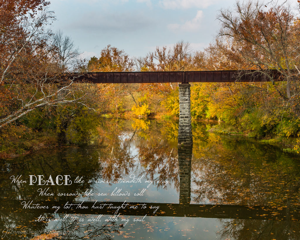 Bridge over Stillwater River in Ohio on fall day with scripture verse
