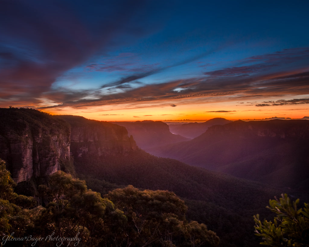 Orange sunrise over the Blue Mountains in Australia