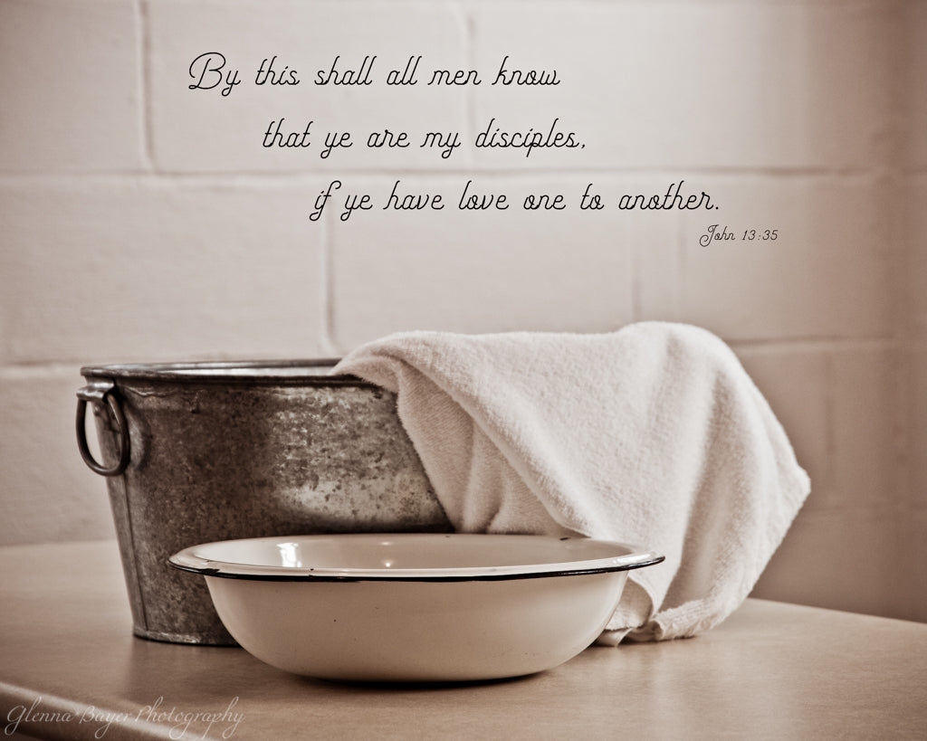 Metal Footwashing Tub with towel, bowl and scripture verse