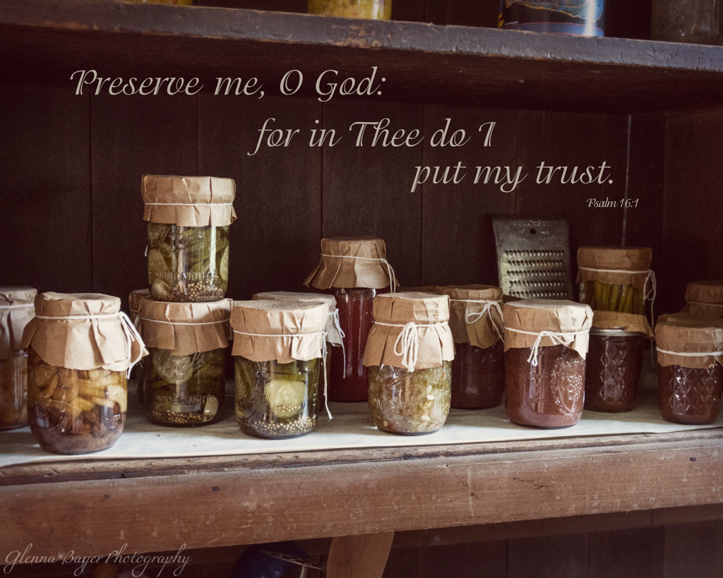 Vintage canning jars of food with scripture verse