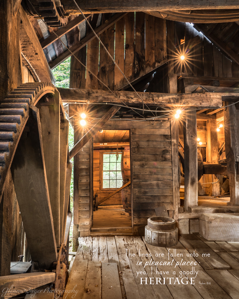 Old wooden mill with scripture verse