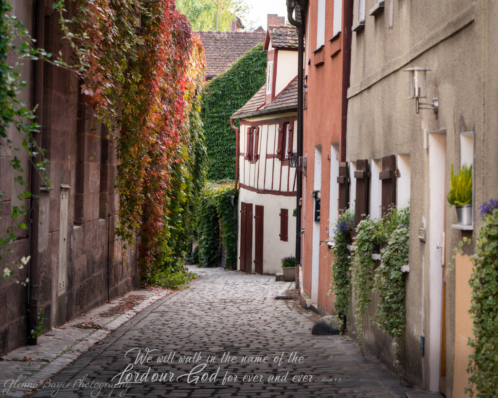 Old street scene with ivy in Schwabach, Germany with scripture verse