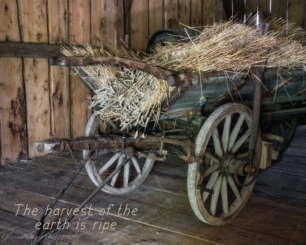 Old harvest wagon in Bavaria, Germany with Scripture verse