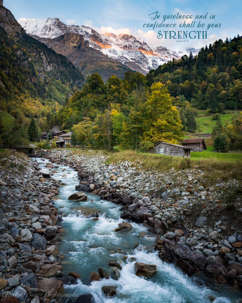 Landscape of rocky water stream through the Swiss Alps in Stechlegbergm, Switzerland with scripture verse