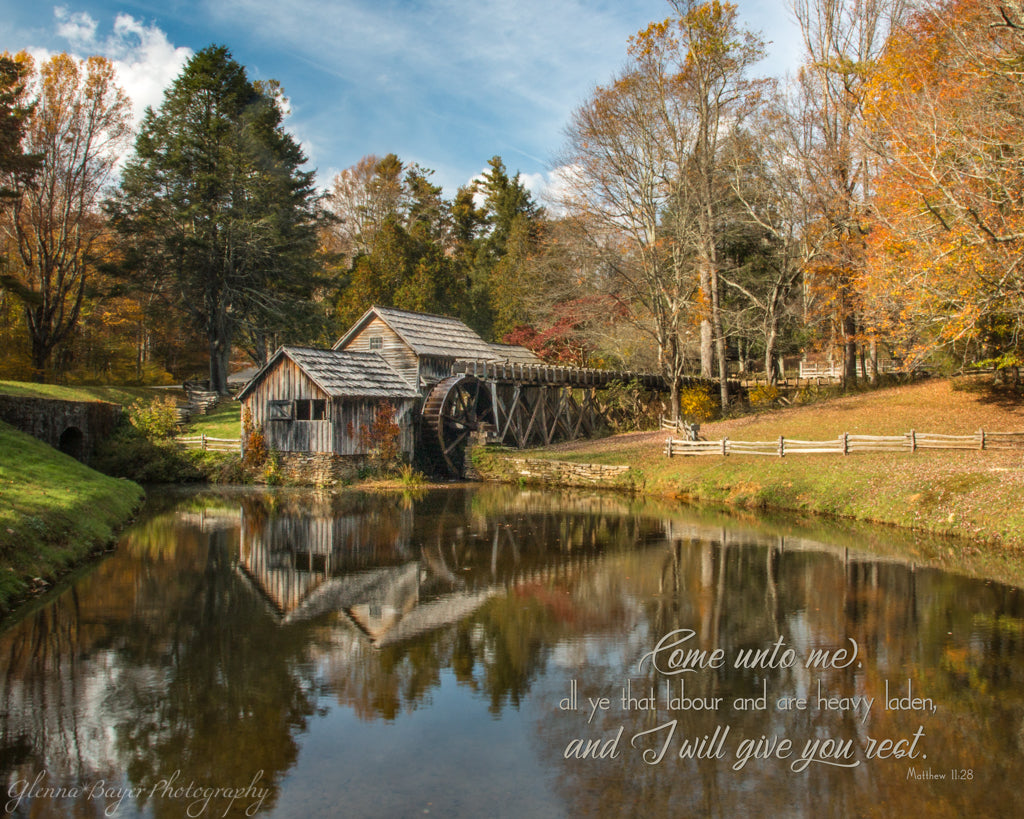 Mabry Mill in Autumn near meadows of dan, Virginia with scripture verse