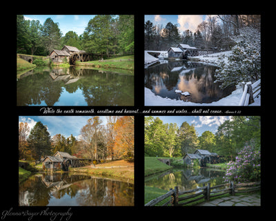 Four photo collage of Mabry Mill in four Seasons with scripture verse