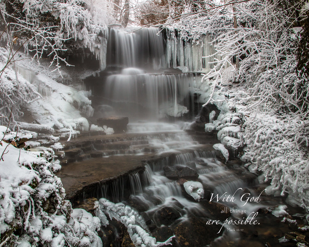 West Milton cascades in winter with bible verse
