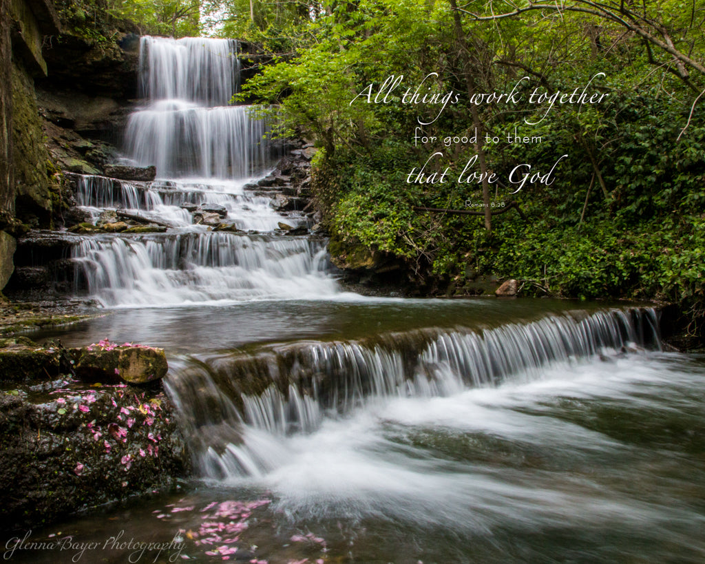 West Milton cascades in spring with bible verse