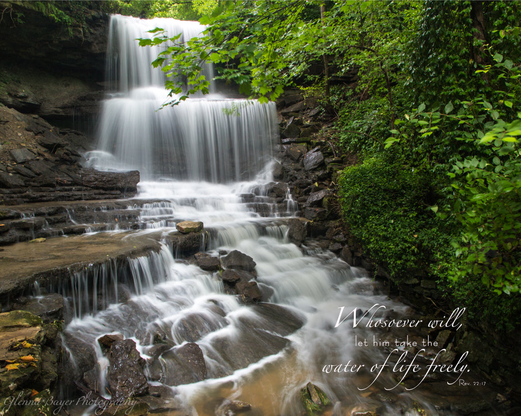 water cascades in summer with bible verse