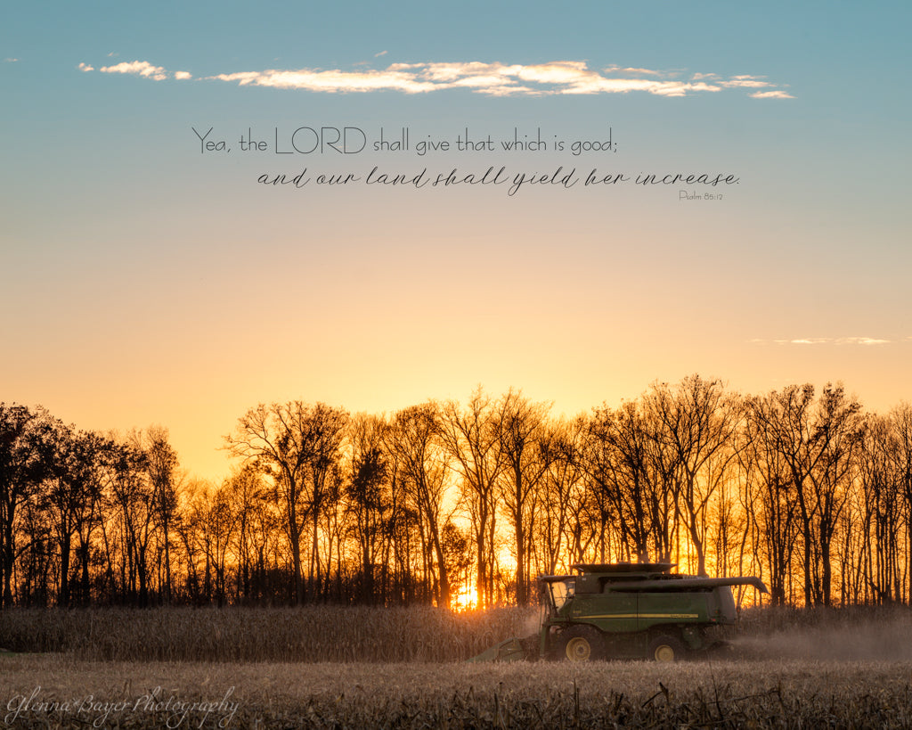 John Deere harvesting corn during sunset with bible verse