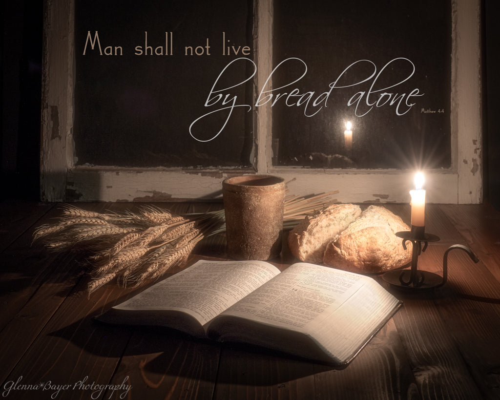 Bible, bread, wheat, cup, candle still life with bible verse