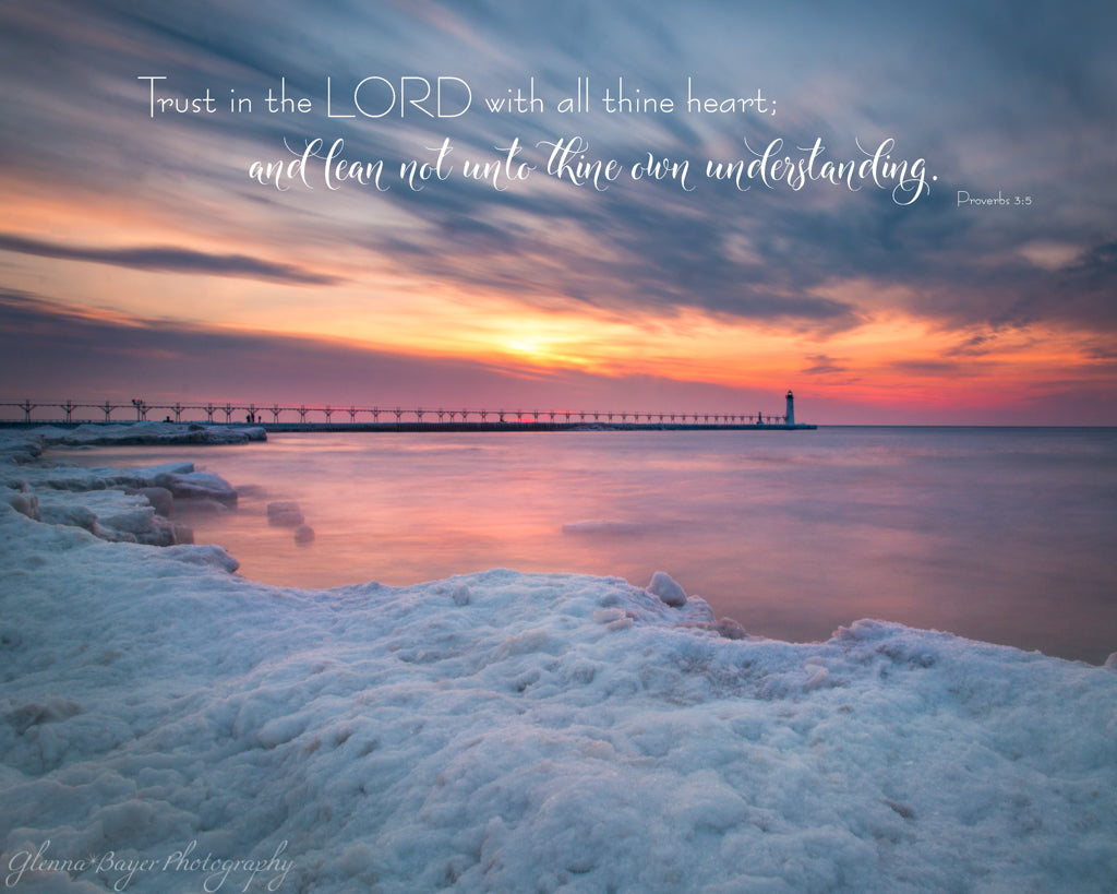 Manistee Lighthouse during Sunset in Winter with bible verse