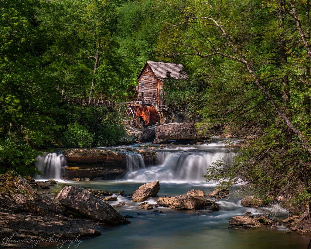Glade creek mill and water cascades during summer
