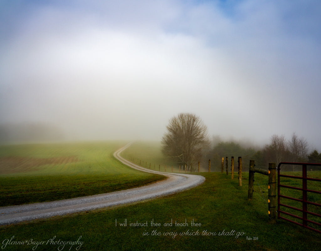Winding road in fog with bible verse
