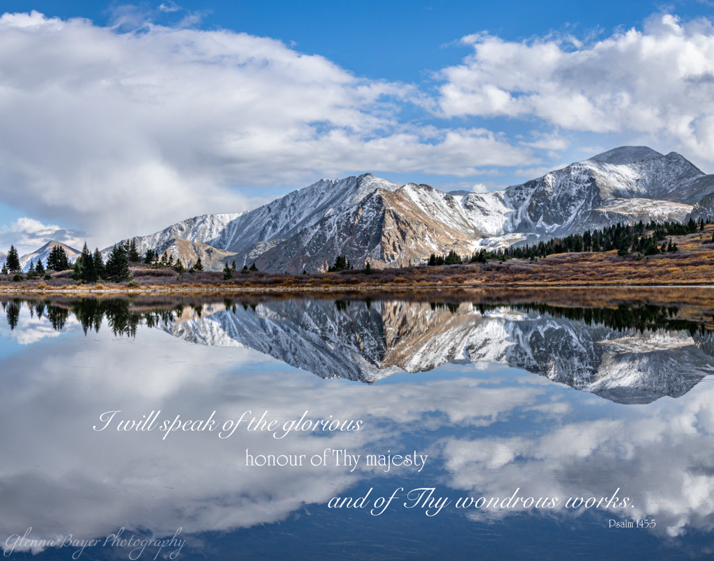 Snowy mountains and lake reflection with bible verse