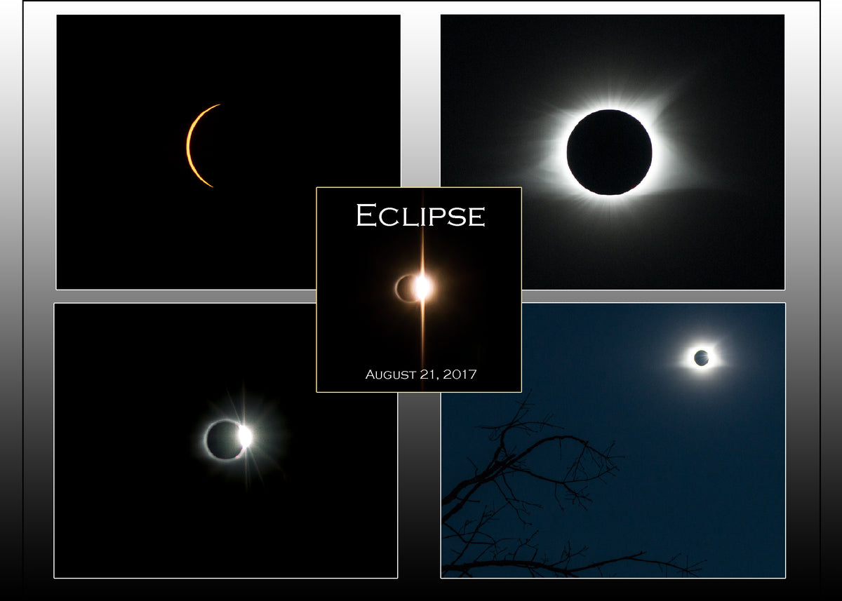 A five image collage of different phases and pictures of a solar eclipse