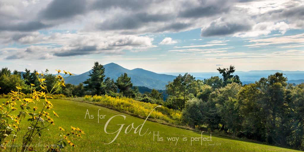 Summer landscape of Cahas Mt. from Parkway with scripture verse