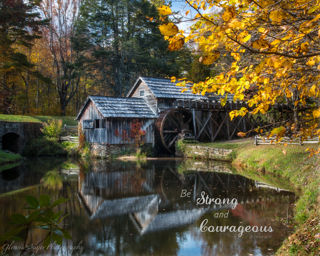 Mabry Mill in Autumn at Meadows of Dan, Virginia with scripture verse