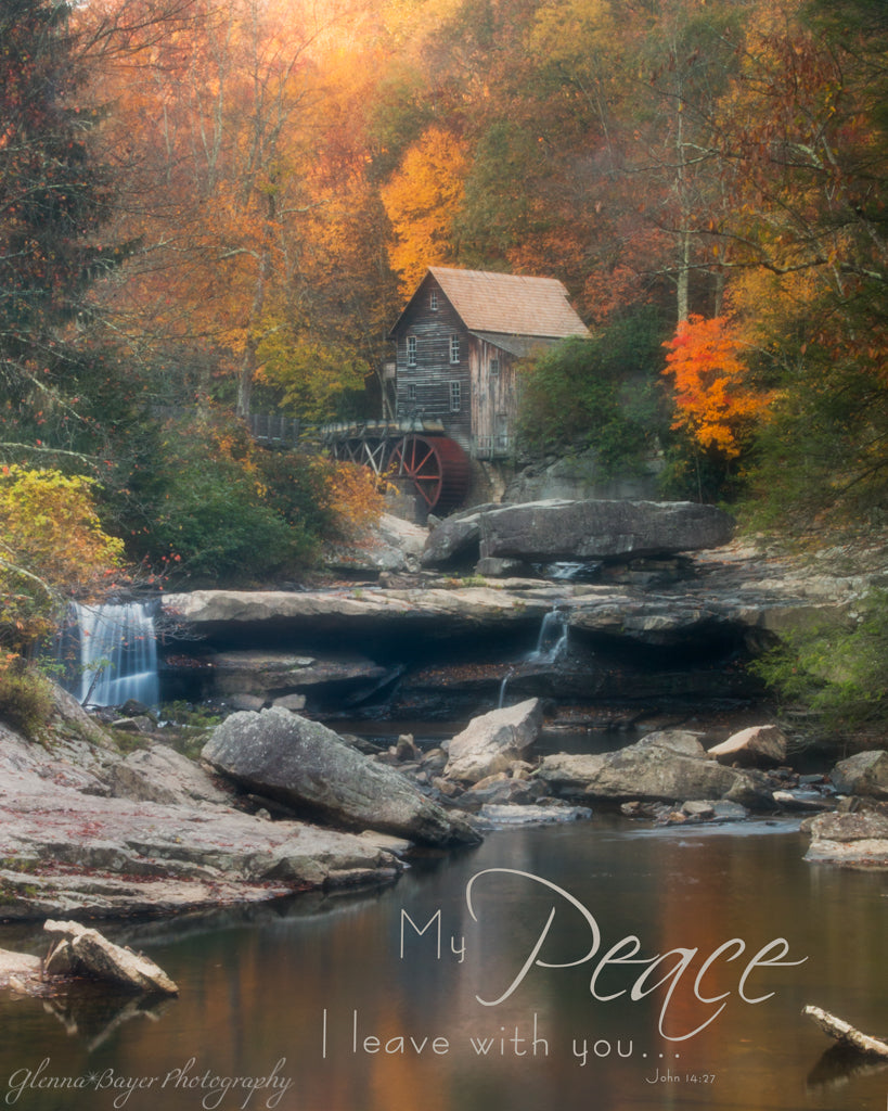 Glade Creek Mill on Autumn morning with scripture verse