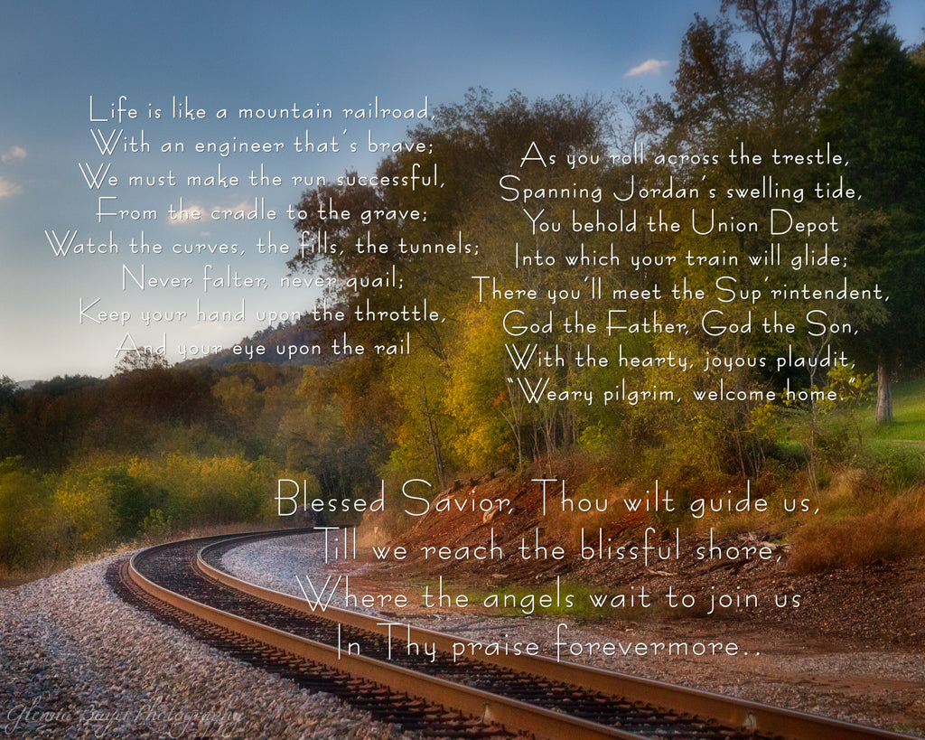 Railroad tracks in Boones Mill, Virginia during autumn with song verse