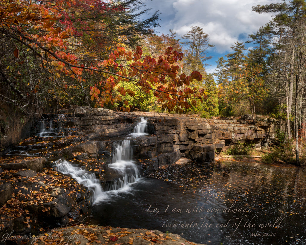 Dismal Falls with autumn leaves in Virginia with scripture verse