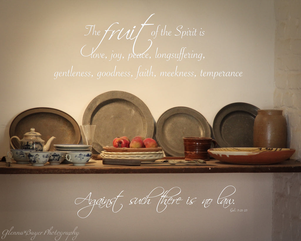 Still life of vintage dishes and fruit on shelf at Mt Vernon, Virginia with scripture verse
