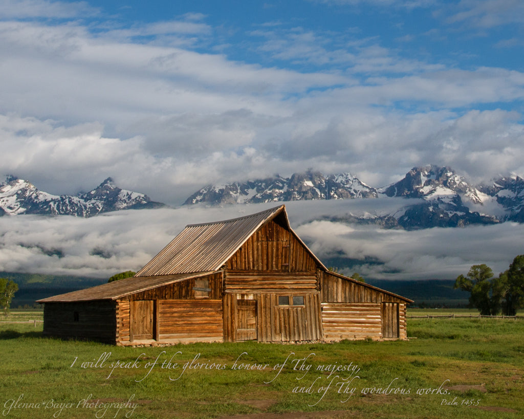 Old barn in the Great Teton mountains with scripture verse.