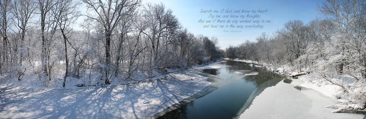 Frozen Stillwater River at Horseshoe Bend Road in Winter with scripture verse
