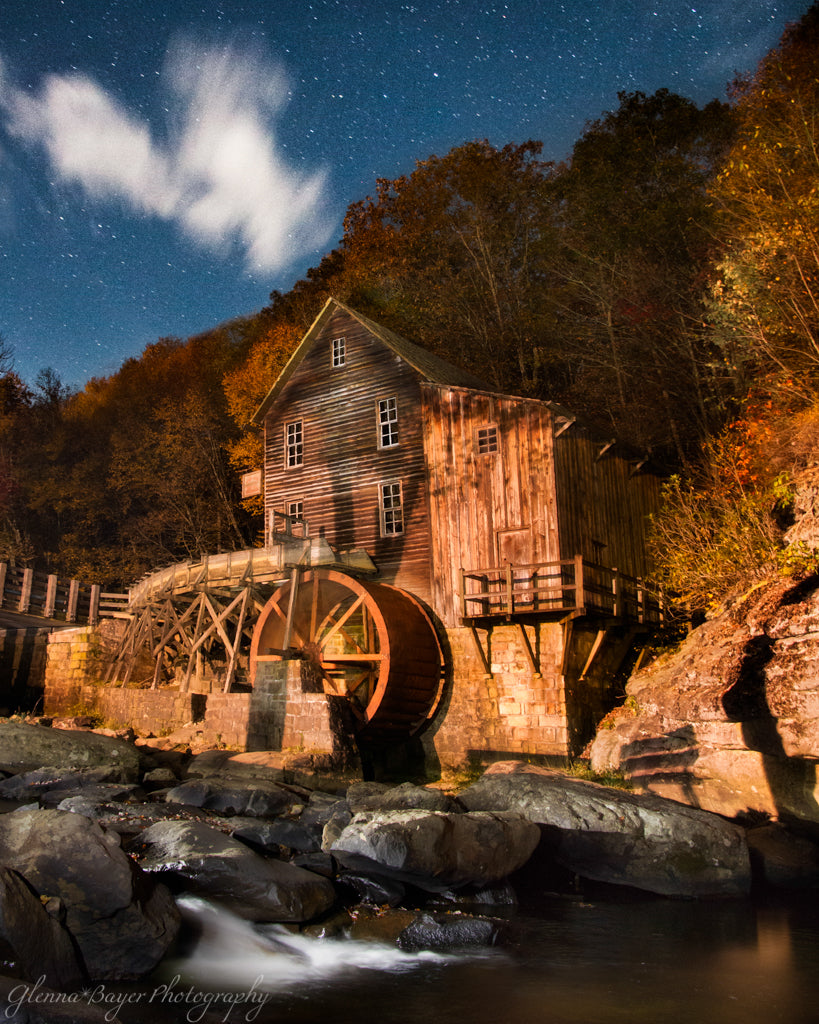 Glade Creek Mill at night with stars in West Virginia