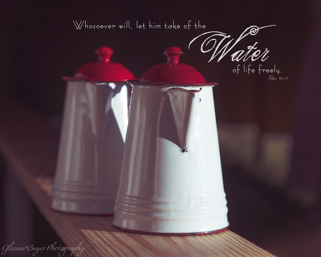 Water Pitchers on bench with scripture verse
