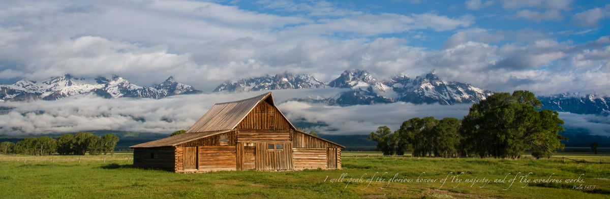Old barn in the Great Teton mountains with a scripture verse.