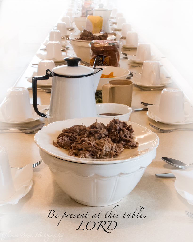 Old German Baptist Brethren Church, communion table with meat and place settings and scripture verse.