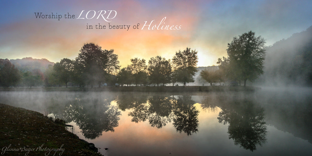Foggy sunrise on lake at Beech Fork State Park with scripture verse.