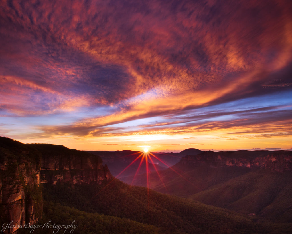 Pink sunrise over the Blue Mountains in Australia.