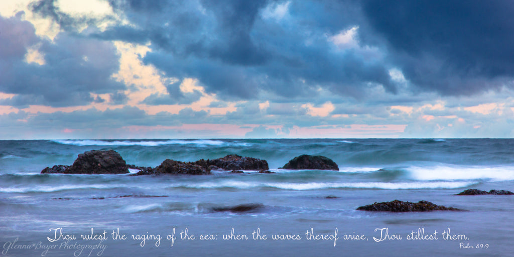 Blue waves and sunrise at Bandon Beach, Oregon with scripture verse