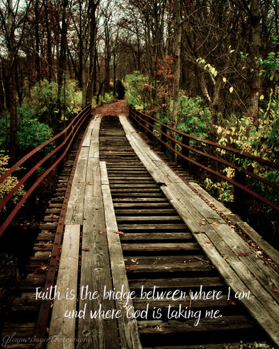 Old wooden bridge in autumn woods with scripture verse