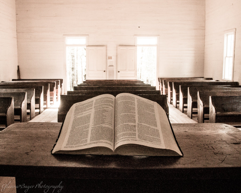 Bible on pulpit at Cades Cove Church in Tennessee