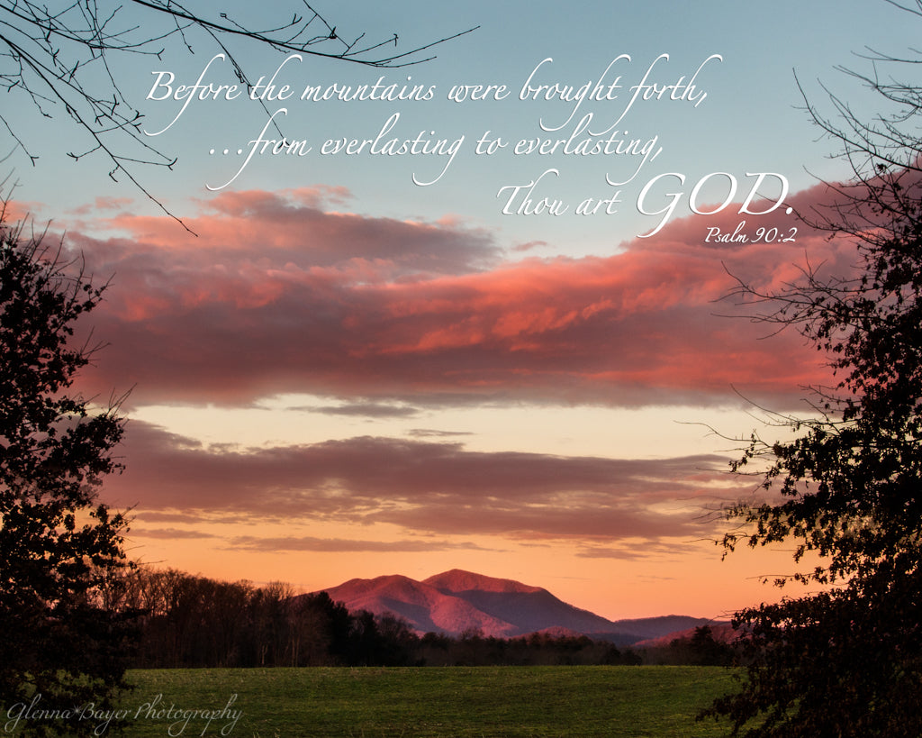 Pink sunrise and Cahas Mountain in Boones Mill, Virginia with scripture verse