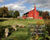 Flock of sheep in pasture and red barn with scripture verse