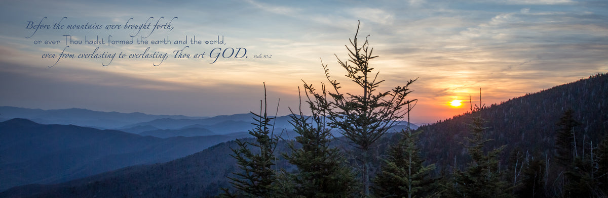 Blue and yellow sunset at Clingman&#39;s Dome in the Great Smoky Mountains, Tennessee with scripture verse