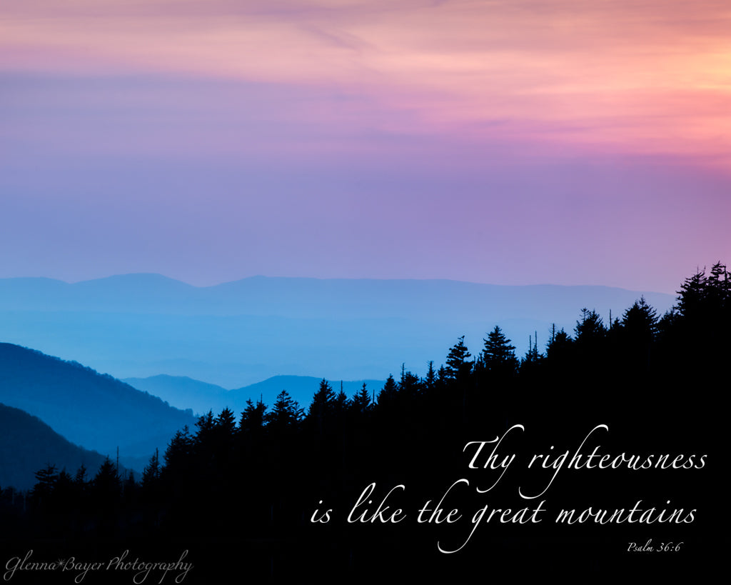 Pink and blue sunset at Clingman's Dome in the Great Smoky Mountains, Tennessee with scripture verse