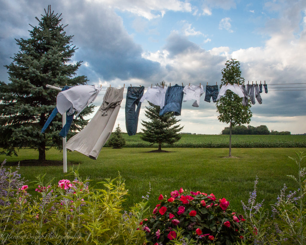 Dress, jeans, and shirts on Clothesline with spring flowers