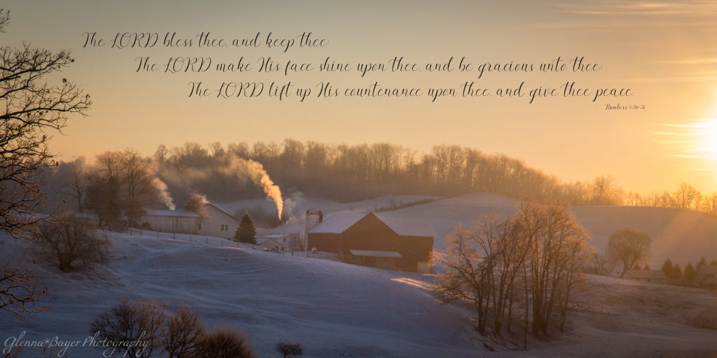 Farm in snowy valley during sunrise with scripture verse