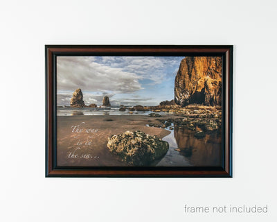 Framed print of Sunrise on beach at Haystack Rock, Oregon with scripture verse