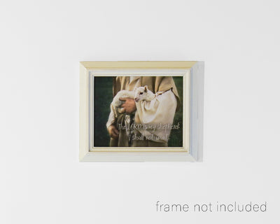 Framed print of Shepherd carrying little lamb with scripture verse