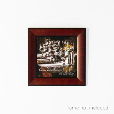 Framed print of Wood table set with glass dishes at the Mount Hood Lodge in Oregon with scripture verse