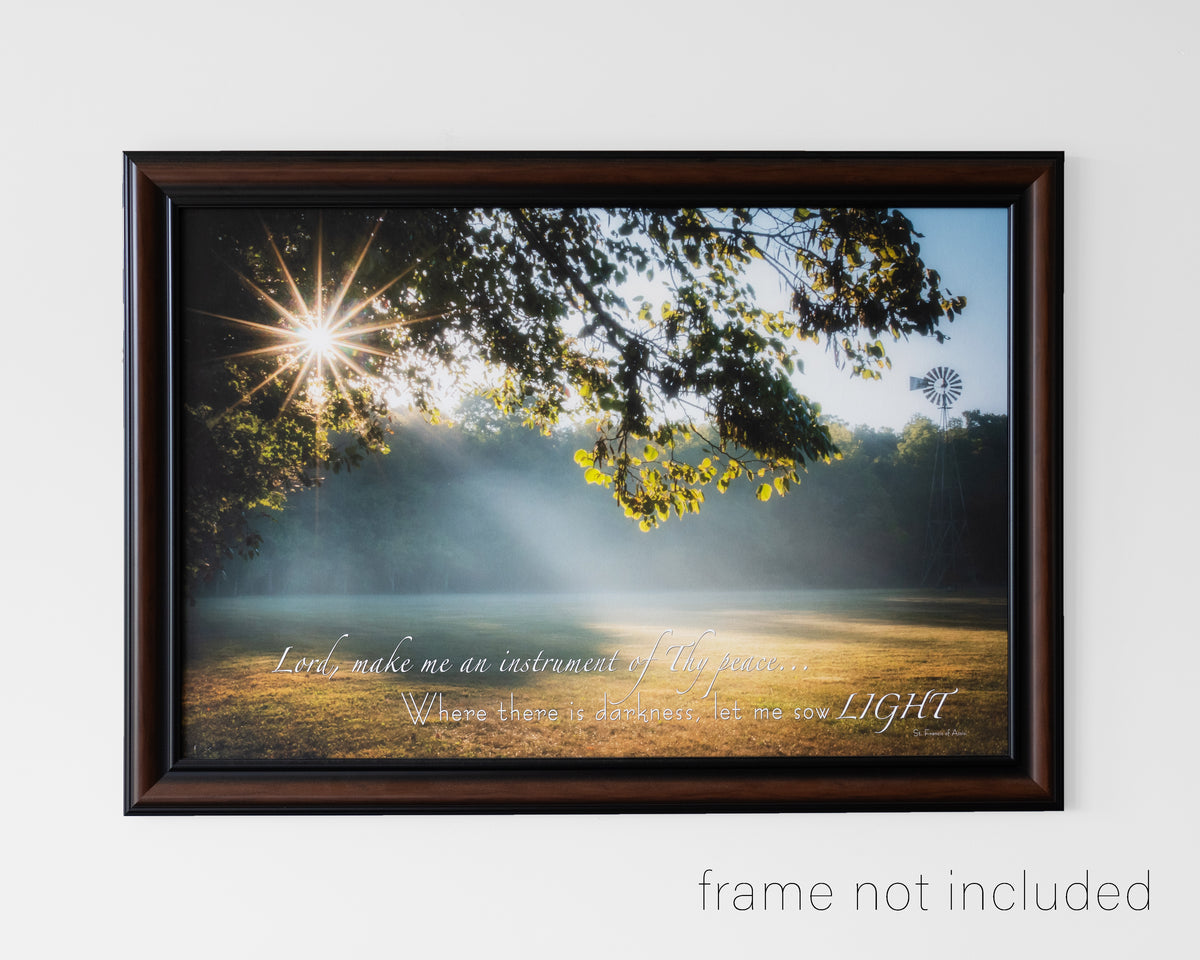 Framed print of Starburst through trees and sunbeam on field in early morning with scripture verse