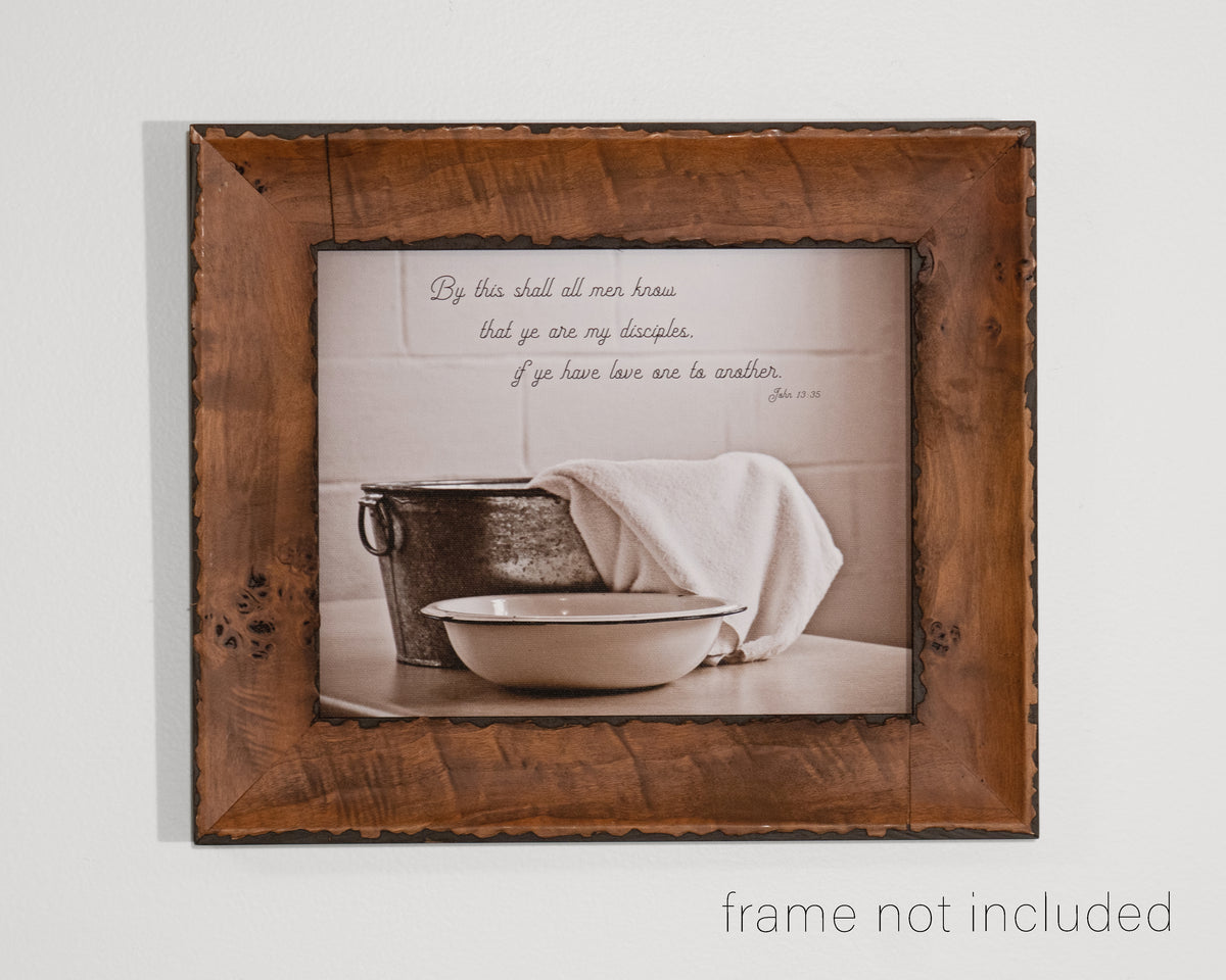 framed print of Metal Footwashing Tub with towel, bowl and scripture verse